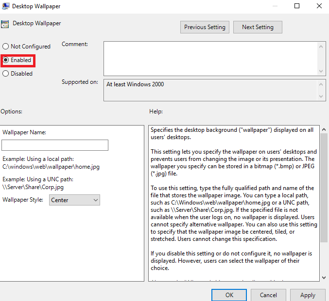 Desktop wallpaper enable